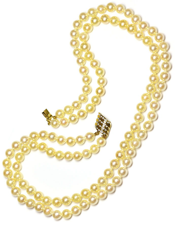Foto 3 - 2reihige goldfarbige Akoya Perlenkette Diamanten Schloß, R9094